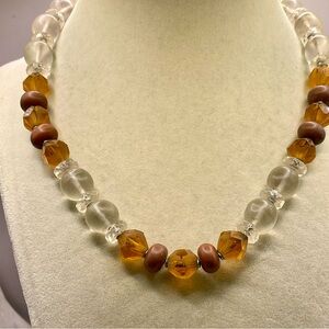 Amber Color and Frosted Clear Glass Beaded Choker Necklace. 17 inches long